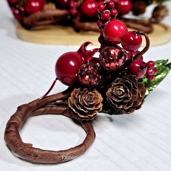 Vtg Pines Berries Twing Cranberry Pinecone Leafs 5 Napking Candle Rings Handmade - Picture 11 of 13